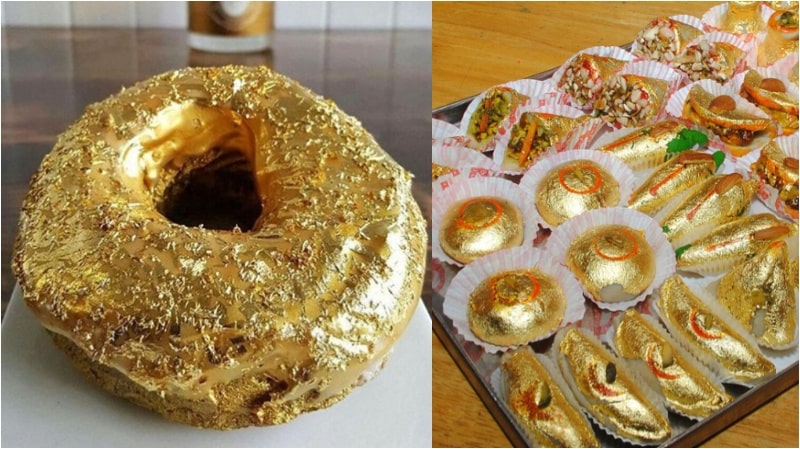 Doughnut and Indian sweets wrapped in pure gold