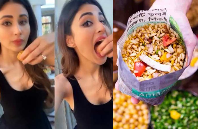 Mouni Roy Jhal Muri eating